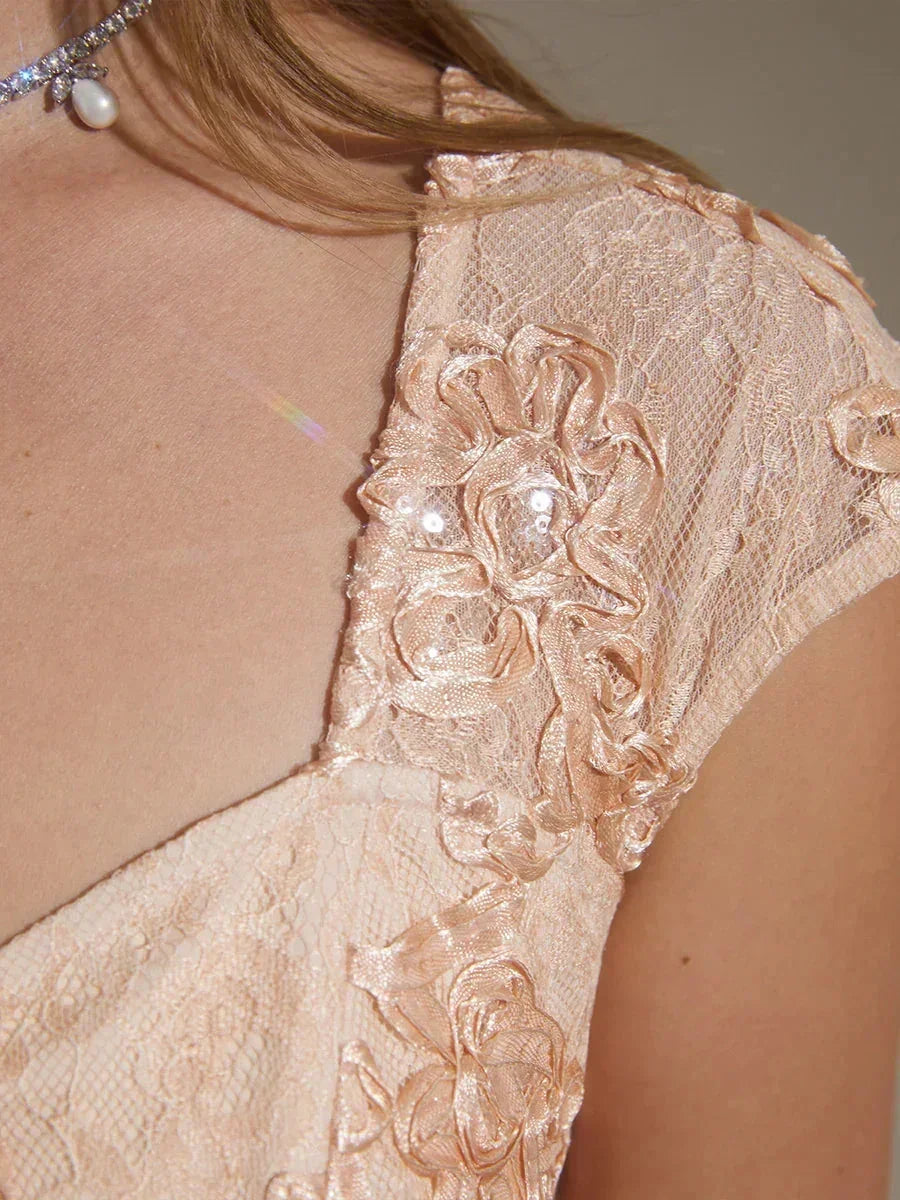 Rosette-kant Zeemeerminjurk met V-hals en Capmouwen
