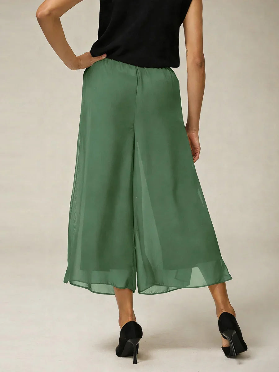 Cropped-lengte Rechte Broek Met Chiffon Split-Overlay