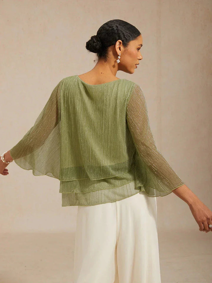 Metallisch Geplooide Chiffon Asymmetrische Gelaagde Blouse