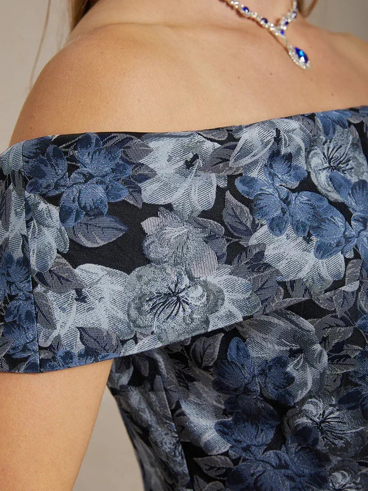 Schoudervrije Metallic Bloemenjacquard Baljurk