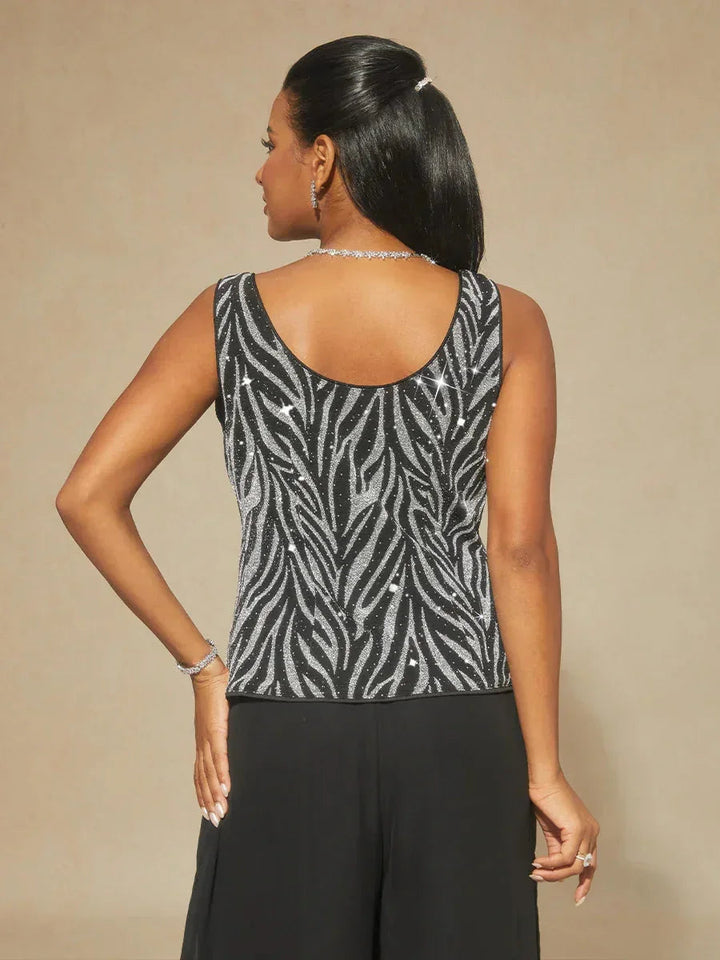 Elegant Mandarin Collar Twinset with Rhinestone Zebra Print