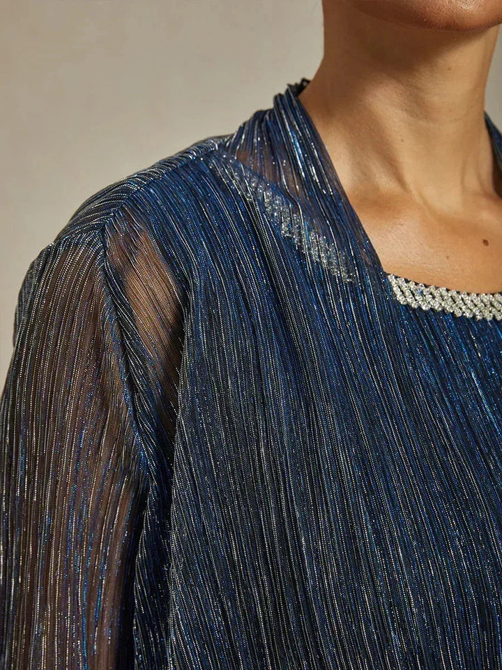 Metallic Geplooide Chiffon Lange Jas Met Gelaagd Ontwerp