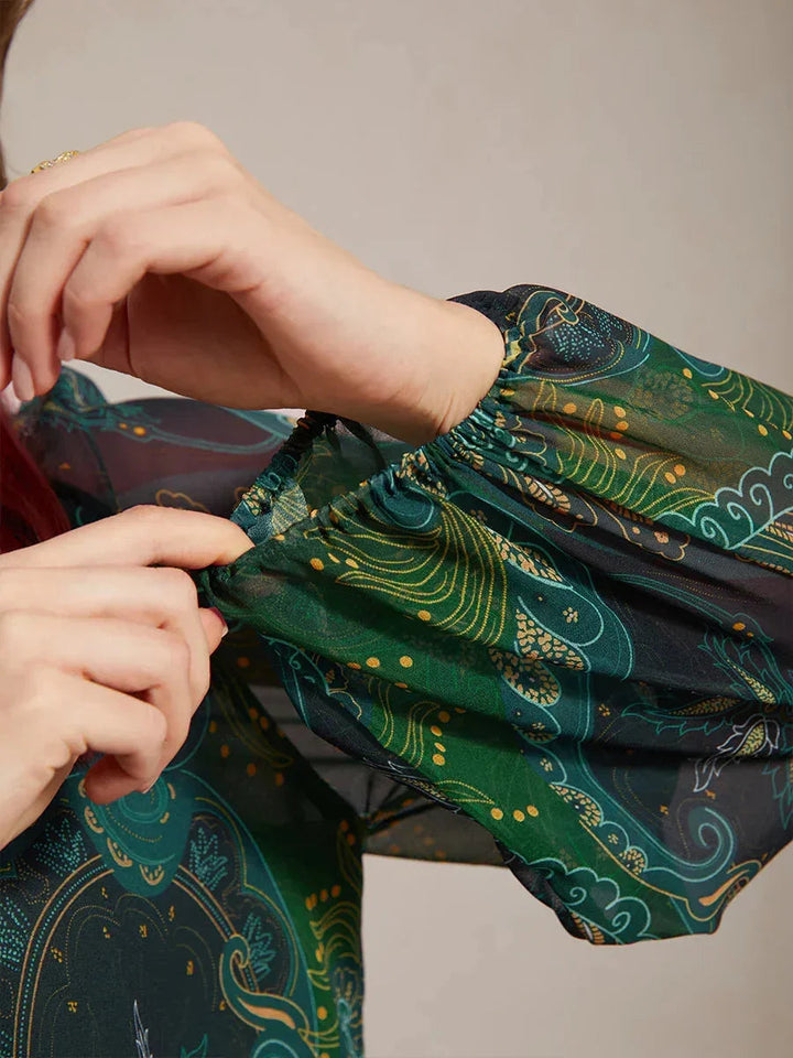 Paisley Chiffon Peasant Blouse with Long Lantern Sleeves