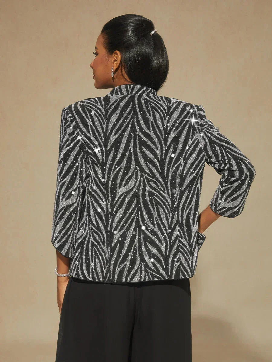 Elegant Mandarin Collar Twinset with Rhinestone Zebra Print