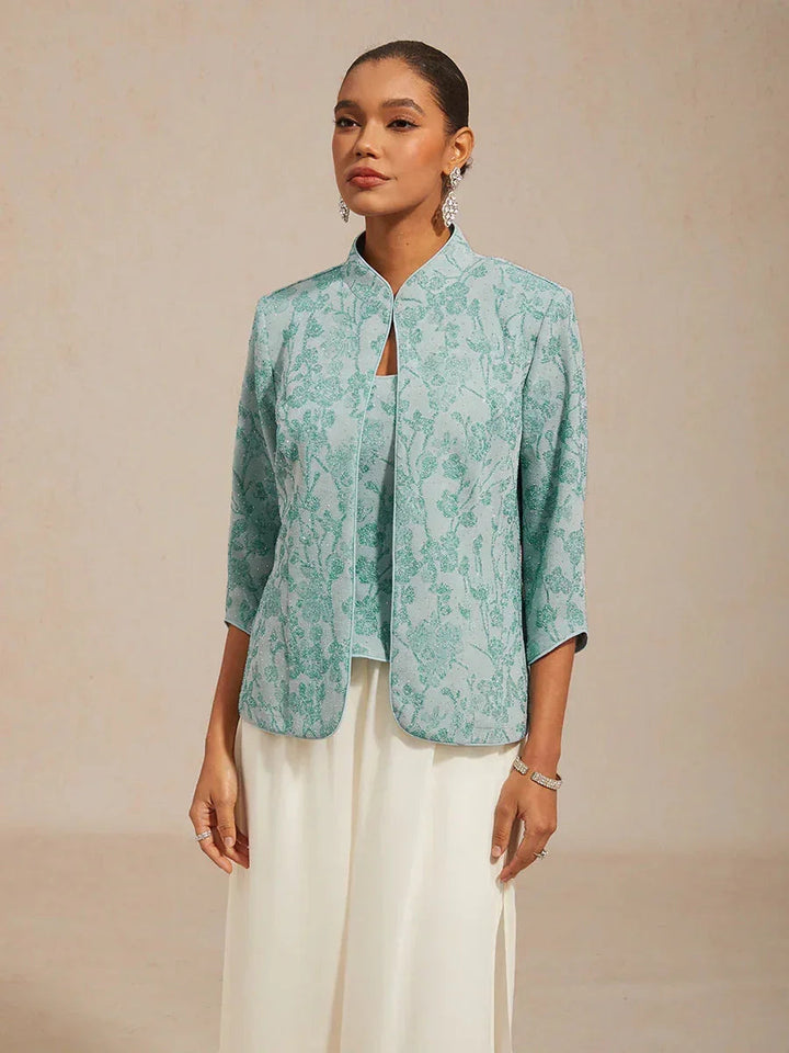Gebreide Jacquard Twinset Met Bloemen En Mandarijnkraag