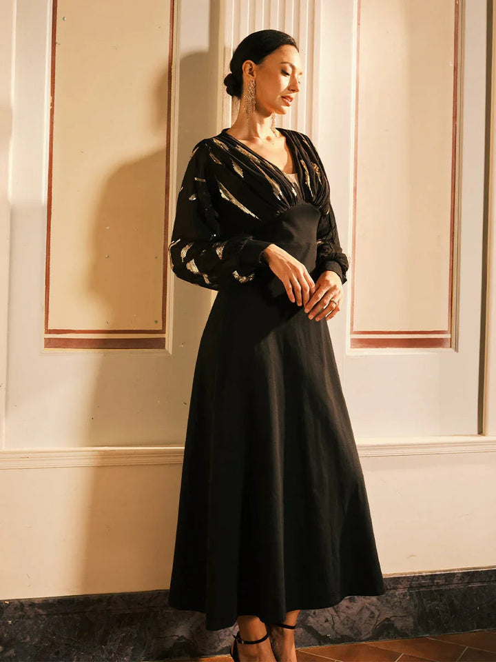 Zwarte Pailletten Maxi-jurk met Pofmouwen en Empire-taille