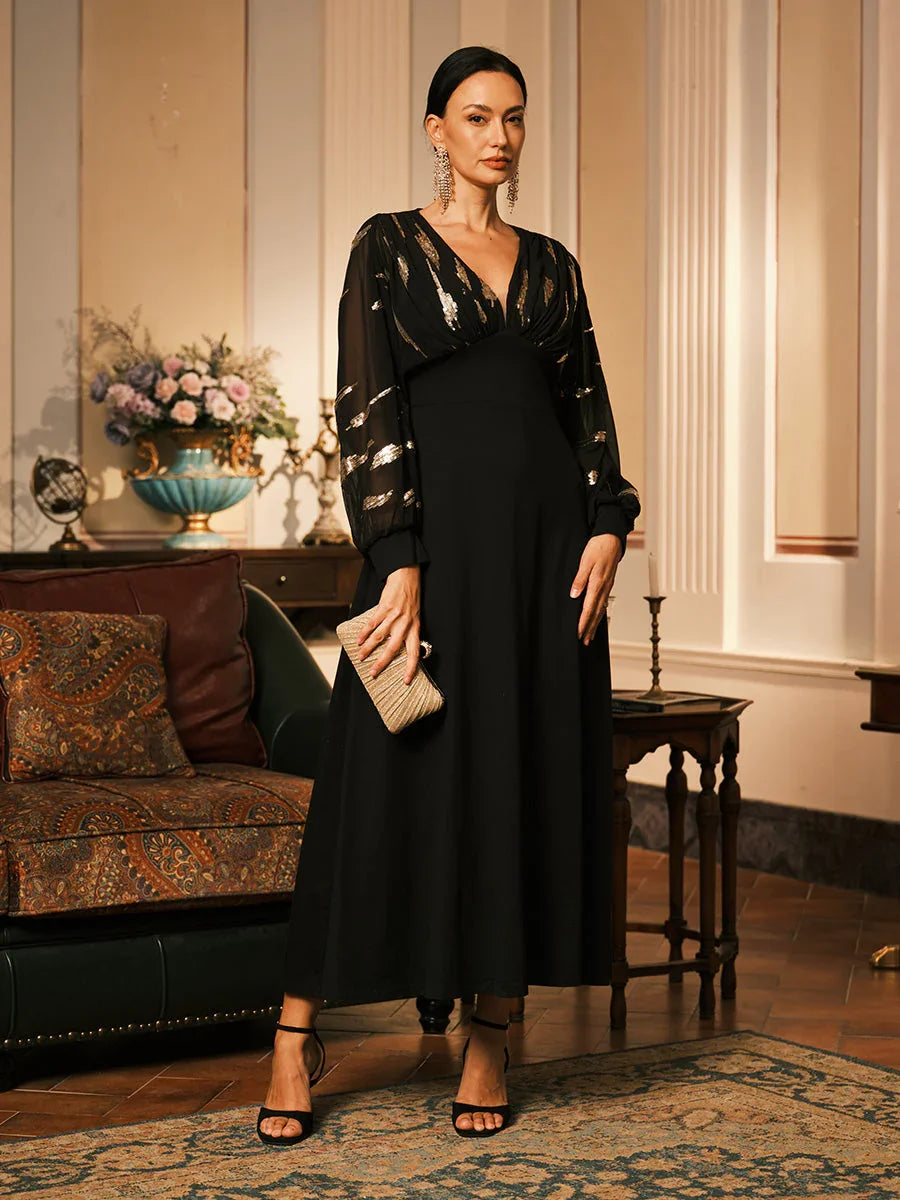 Zwarte Pailletten Maxi-jurk met Pofmouwen en Empire-taille