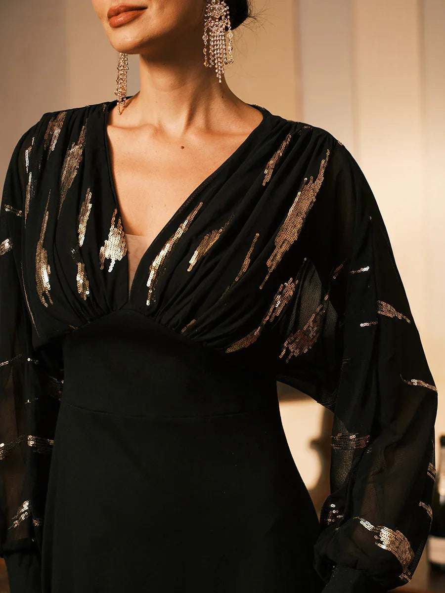 Zwarte Pailletten Maxi-jurk met Pofmouwen en Empire-taille