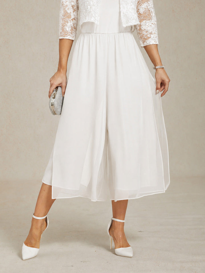 Cropped Length Straight Leg Pant With Chiffon Split Leg Overlay