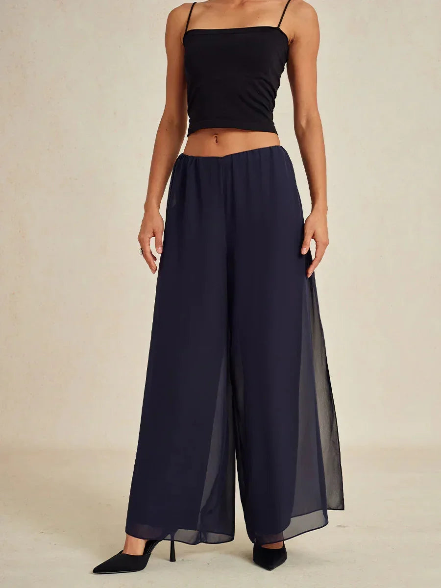 Rechte broek met chiffon split been overlay