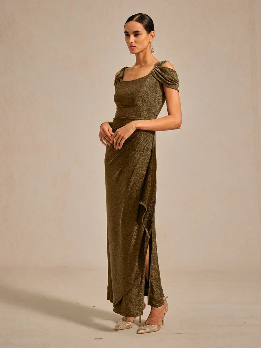 Gebreide jurk met open schouders, glitter en metallic