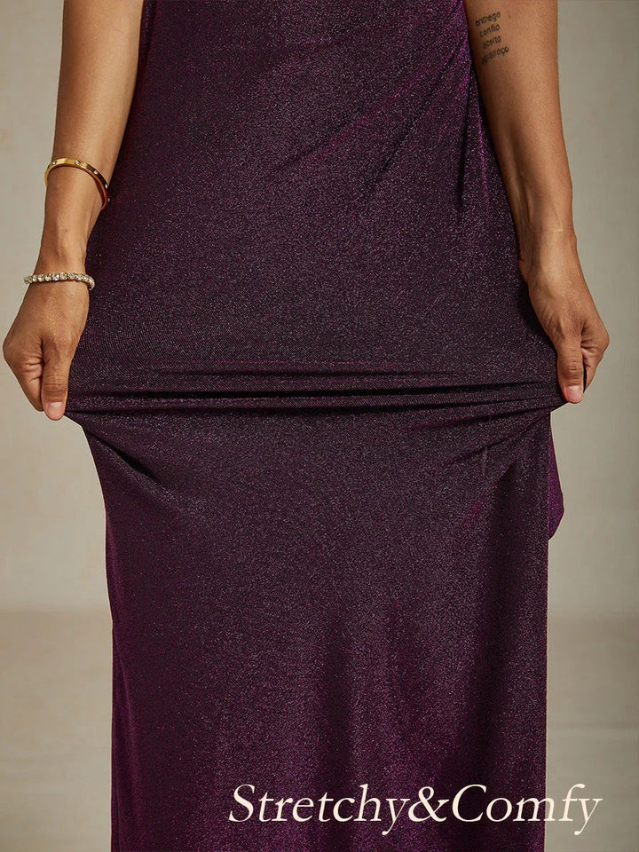 Gebreide jurk met open schouders, glitter en metallic