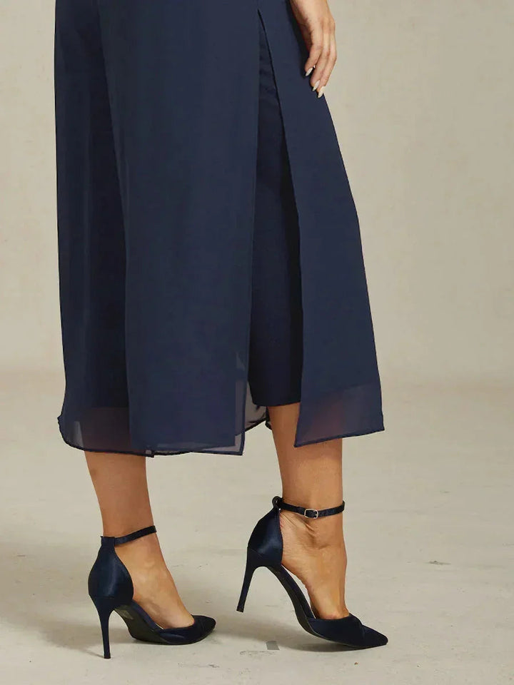 Broek Met Korte Lengte En Rechte Pijpen Met Chiffon Split-Overlay