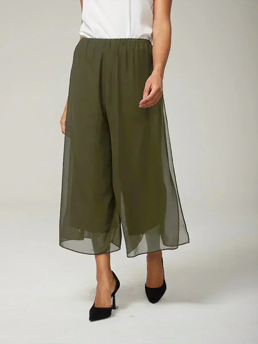 Cropped Broek Met Rechte Pijp En Chiffon Split-Overlay