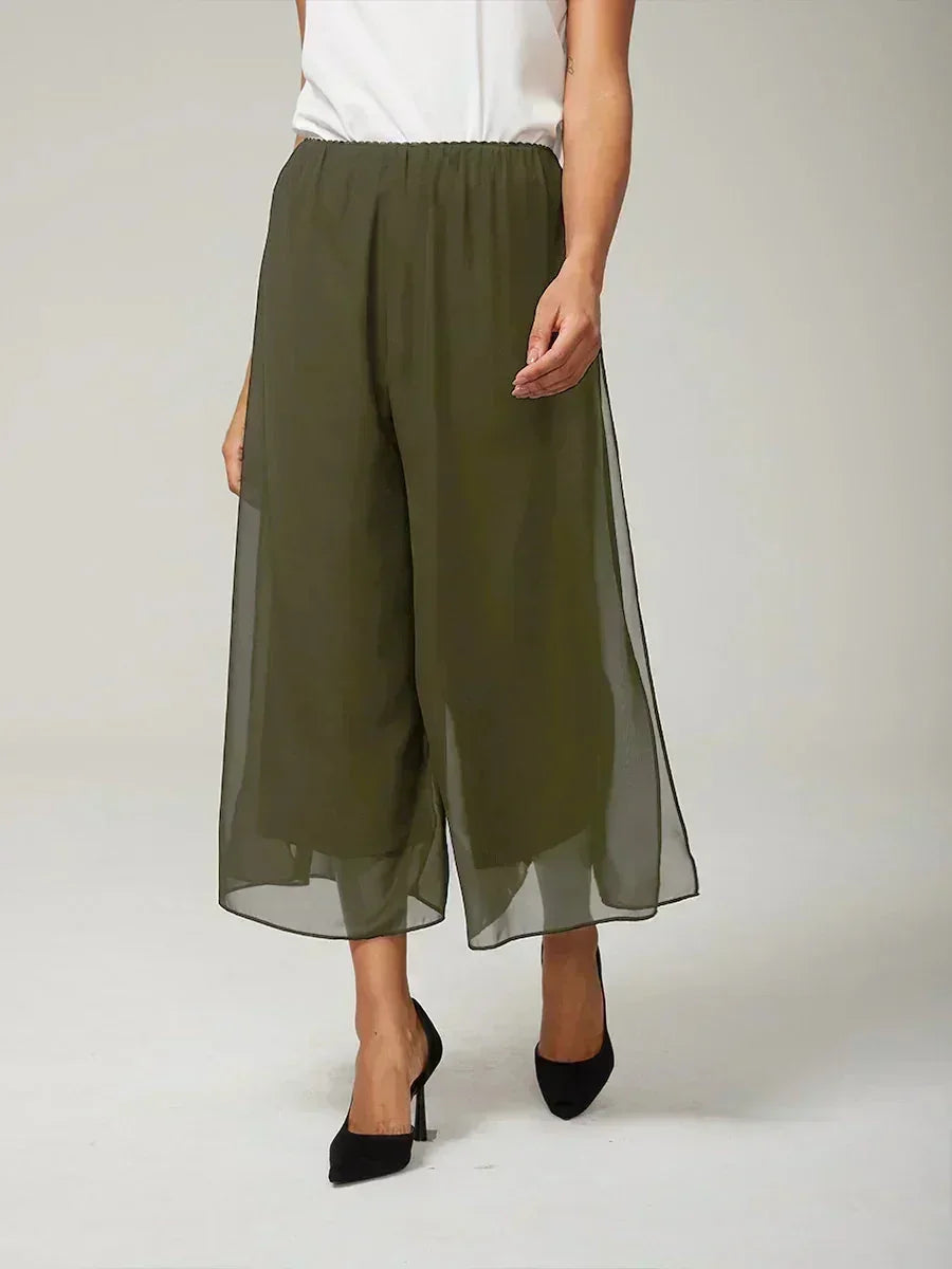 Cropped-lengte Rechte Broek Met Chiffon Split-Overlay