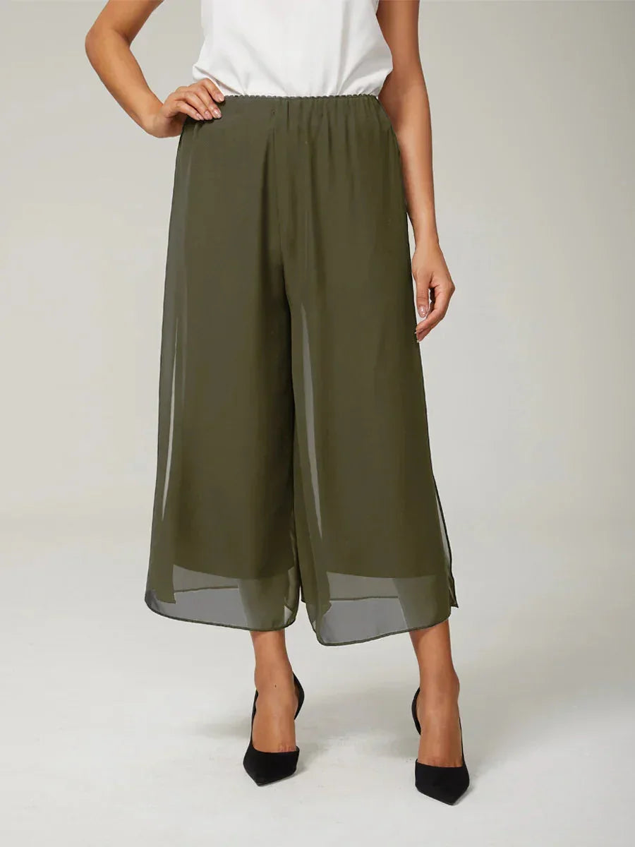 Broek Met Korte Lengte En Rechte Pijpen Met Chiffon Split-Overlay