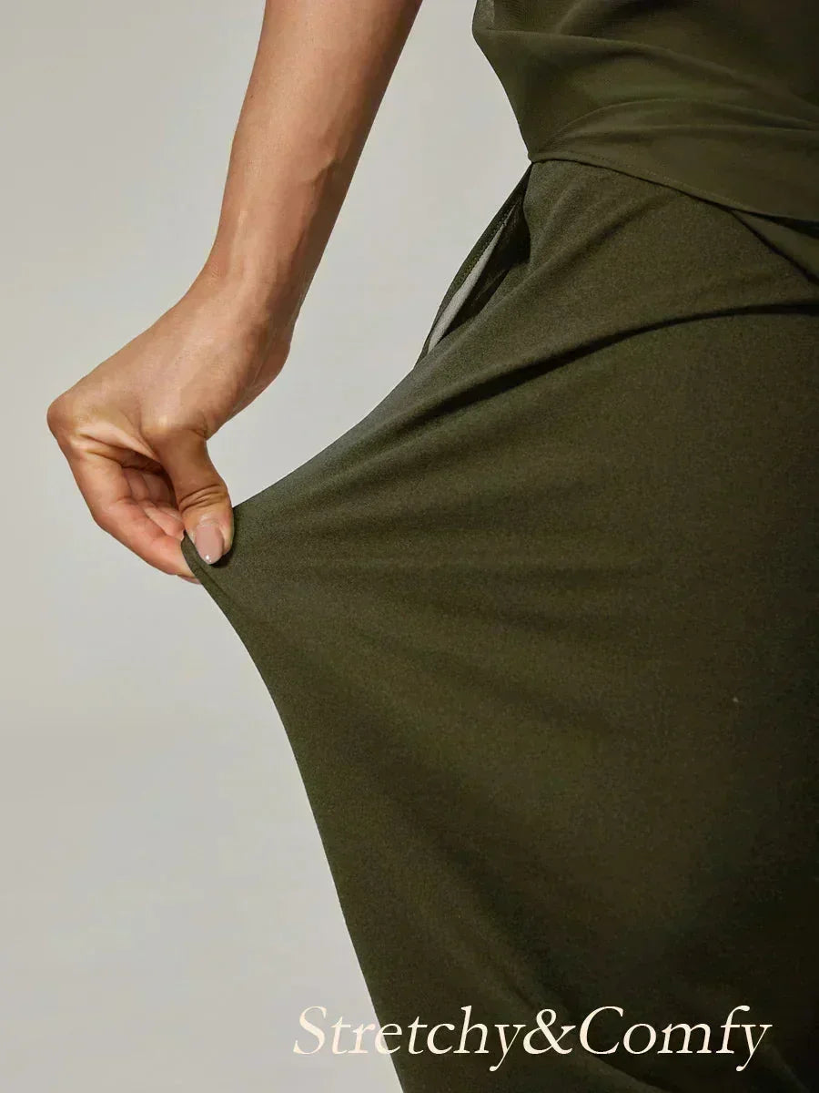 Cropped Length Straight Leg Pant With Chiffon Split Leg Overlay