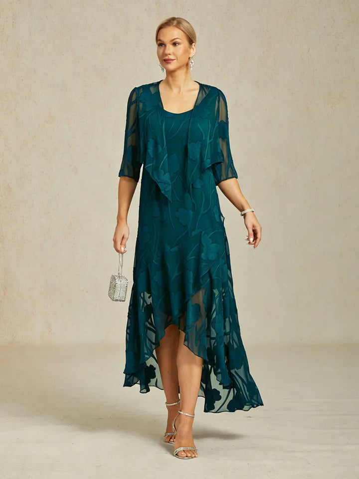Floral Chiffon Sleeveless Evening Gown with Asymmetrical Hem