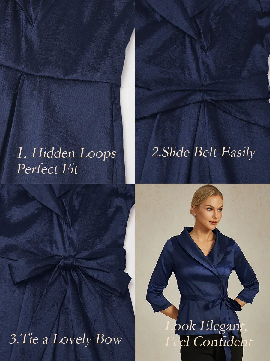3/4-Sleeve Stretch Taffeta Blouse with Belt Detail