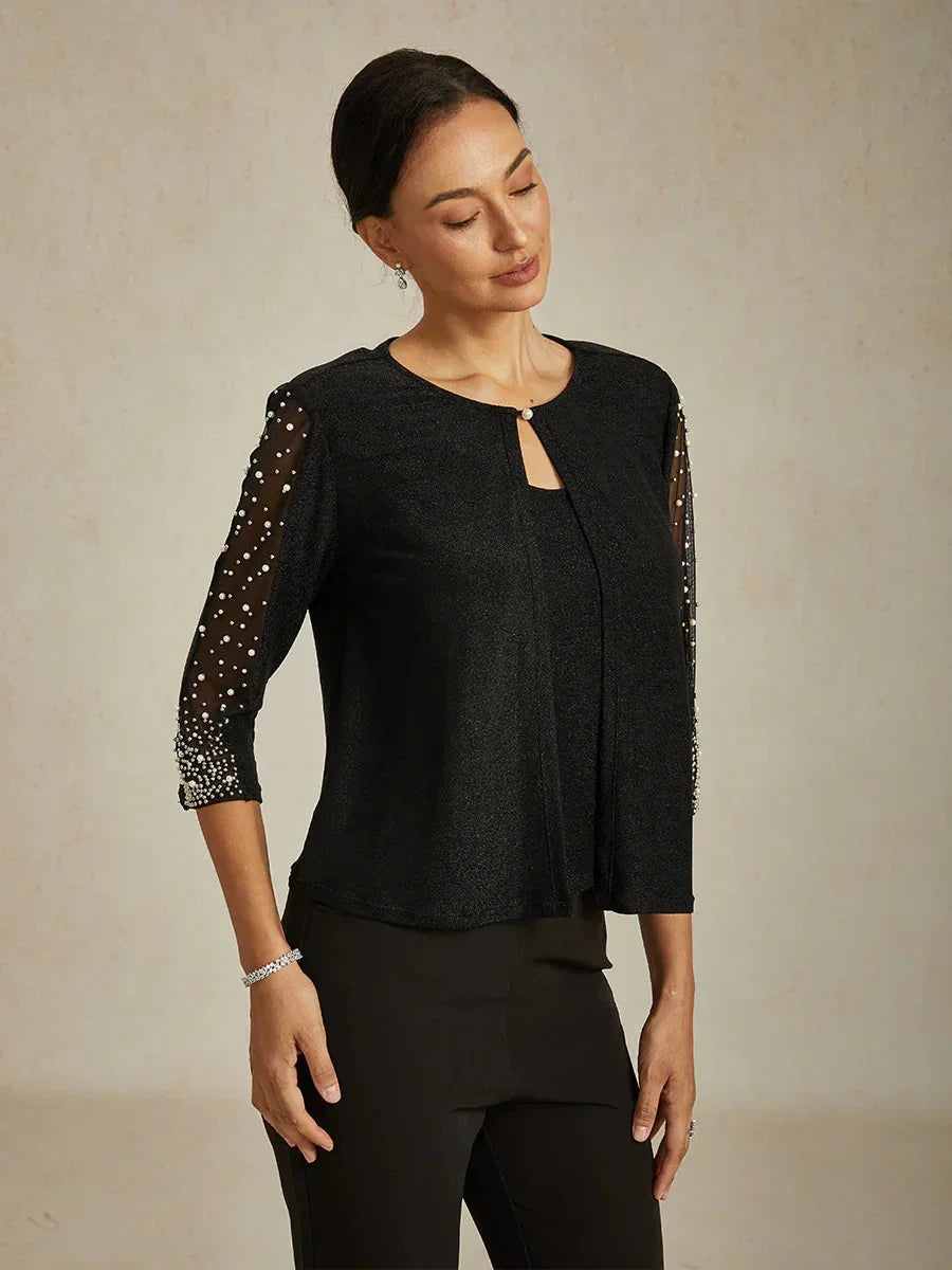 Metallic Knit Blouse with Beading and 3/4 Sleeves