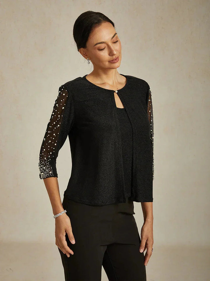 Metallic Knit Blouse with Beading and 3/4 Sleeves