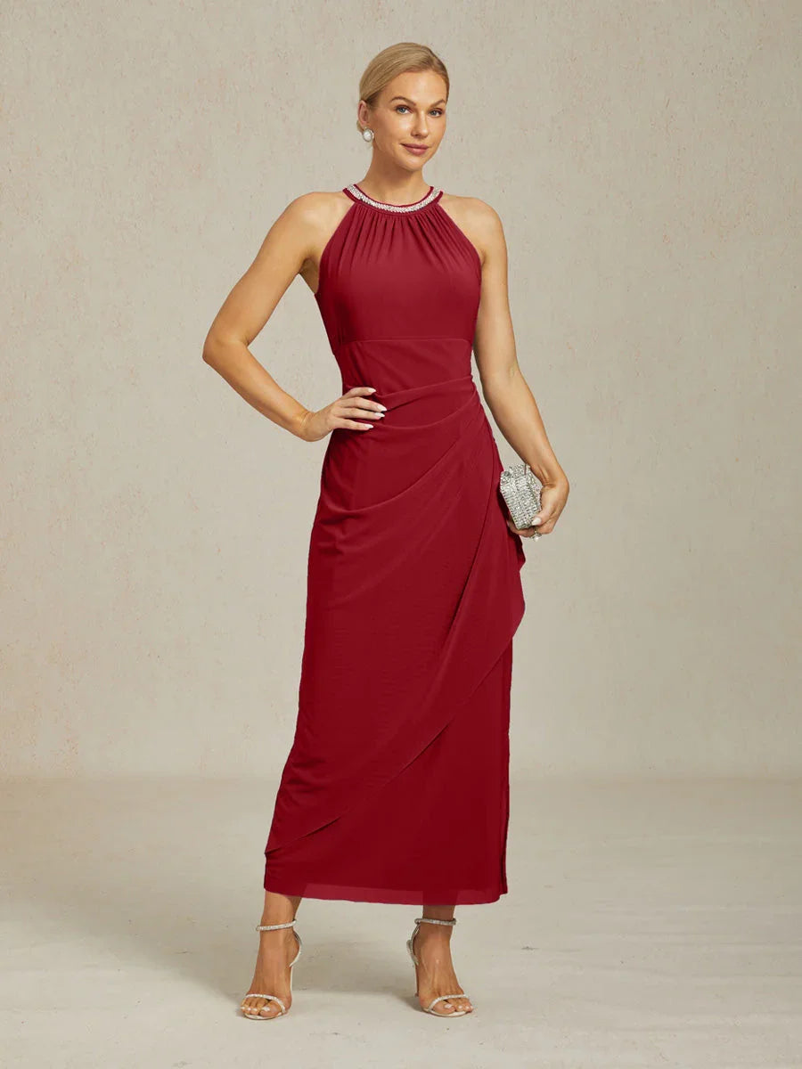 Elegante Halter Maxi-Jurk met Kralen en Ruches