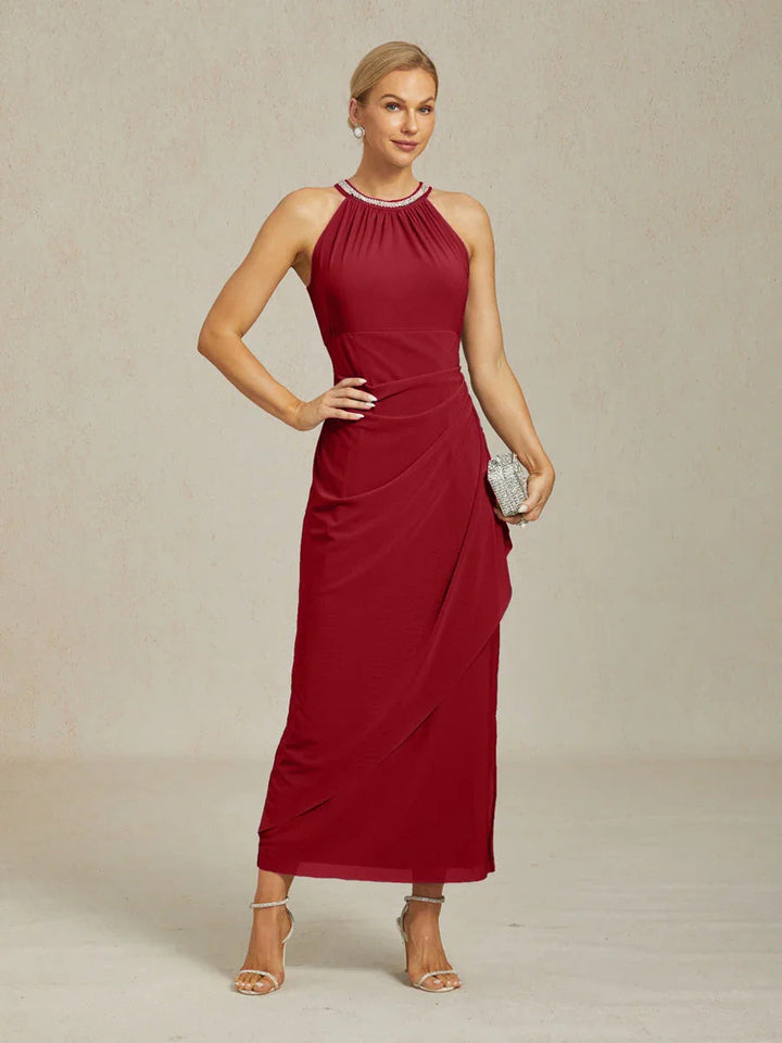 Elegante Halter Maxi-Jurk met Kralen en Ruches