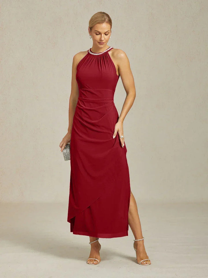 Elegante Halter Maxi-jurk met Kralen en Ruches