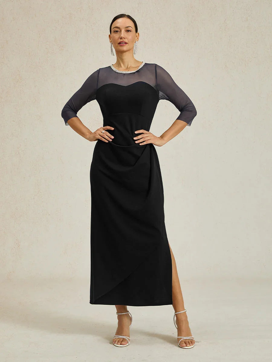 Elegante formele jurk met kralen en illusiehalslijn