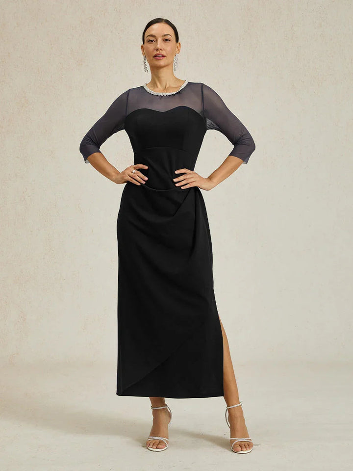 Elegante formele jurk met kralen en illusiehalslijn