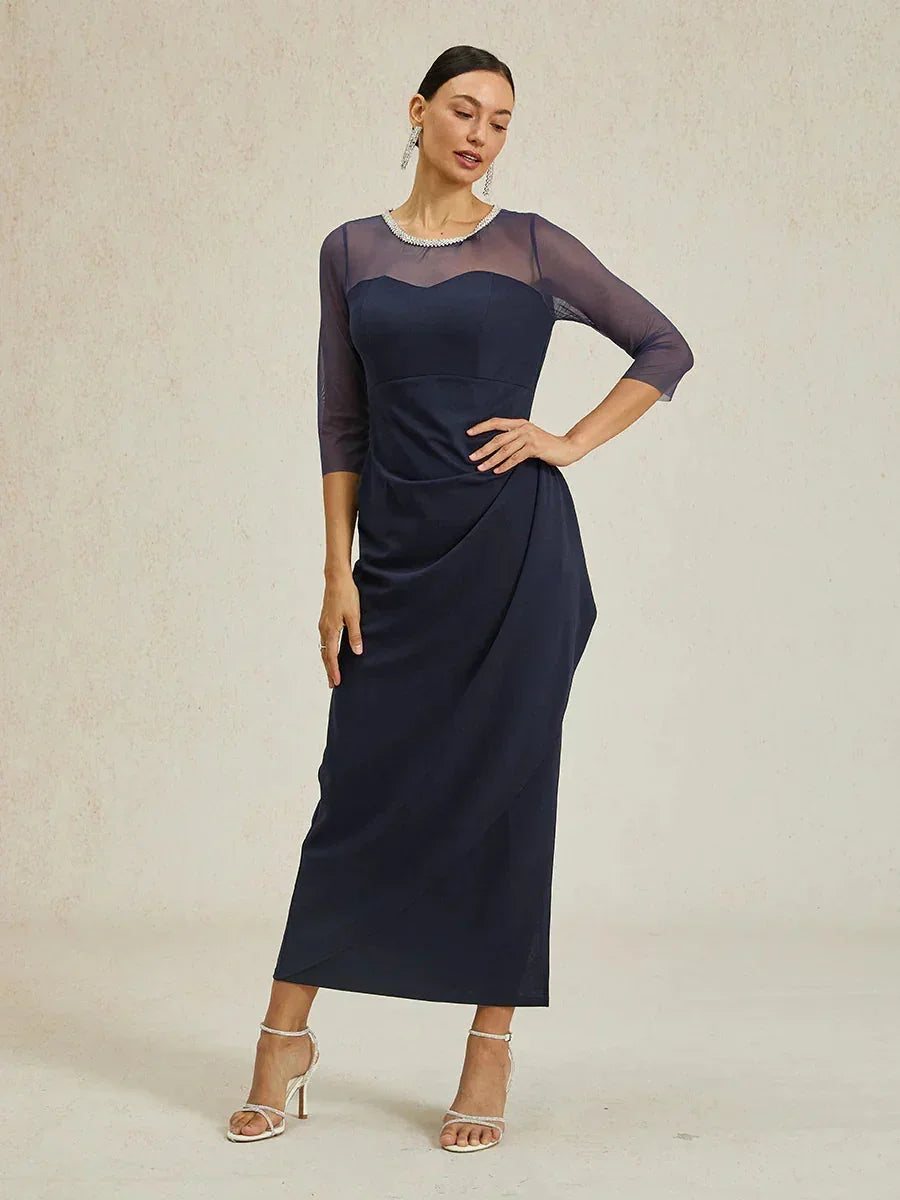 Elegante formele jurk met kralen en illusiehalslijn