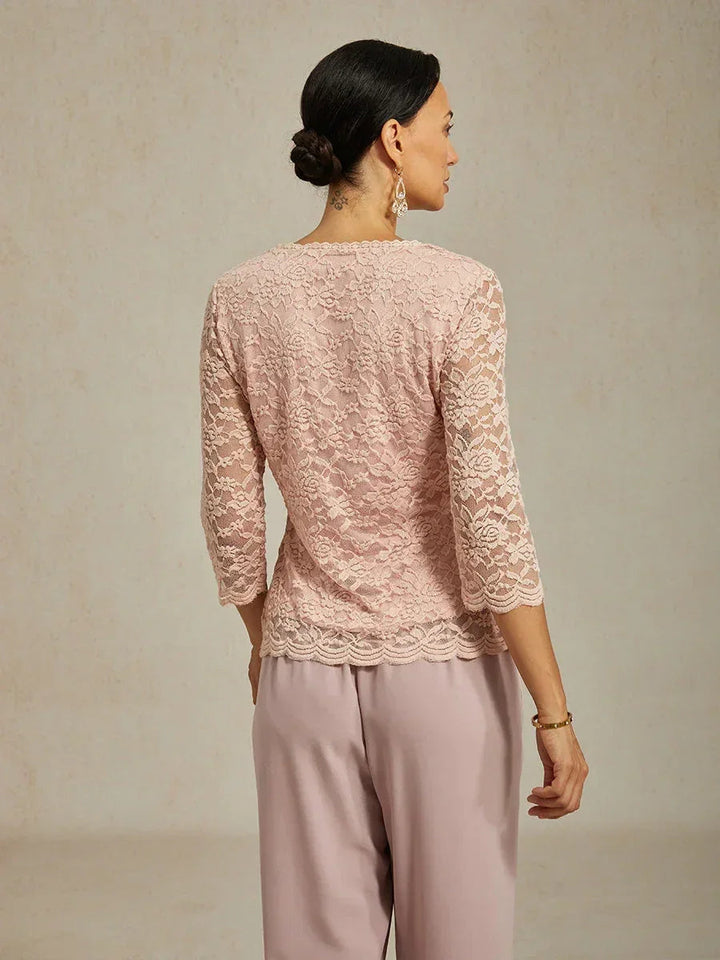 Feminine V-Neck Stretch Lace Top with Scalloped Hem