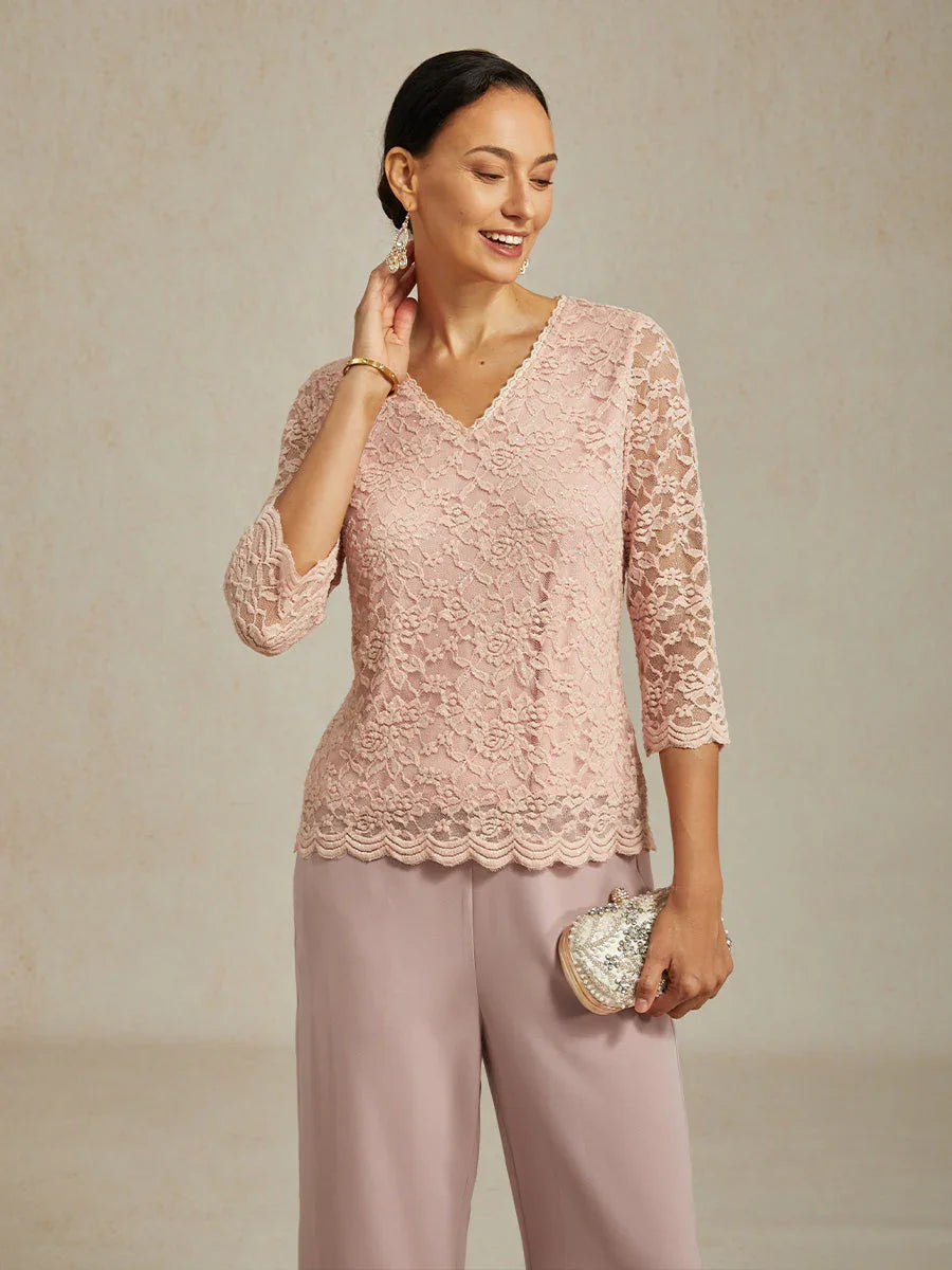 V-Hals Stretch-Kanttop Met Glinsterende Details