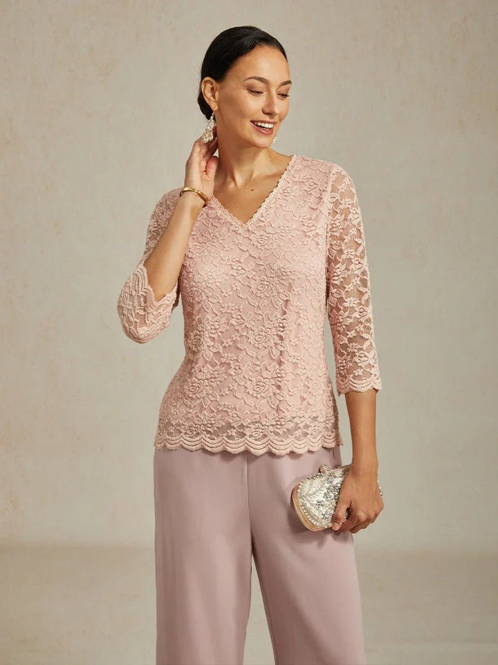 V-Hals Stretch-Kanttop Met Glinsterende Details