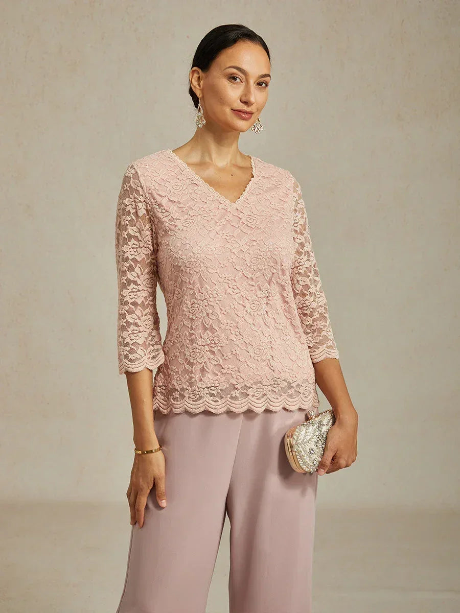 V-Hals Stretch-Kanttop Met Glinsterende Details