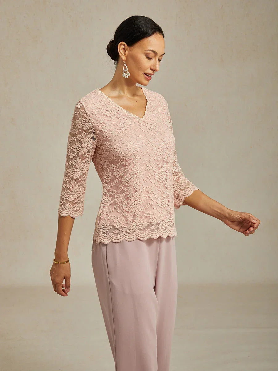 Feminine V-Neck Stretch Lace Top with Scalloped Hem