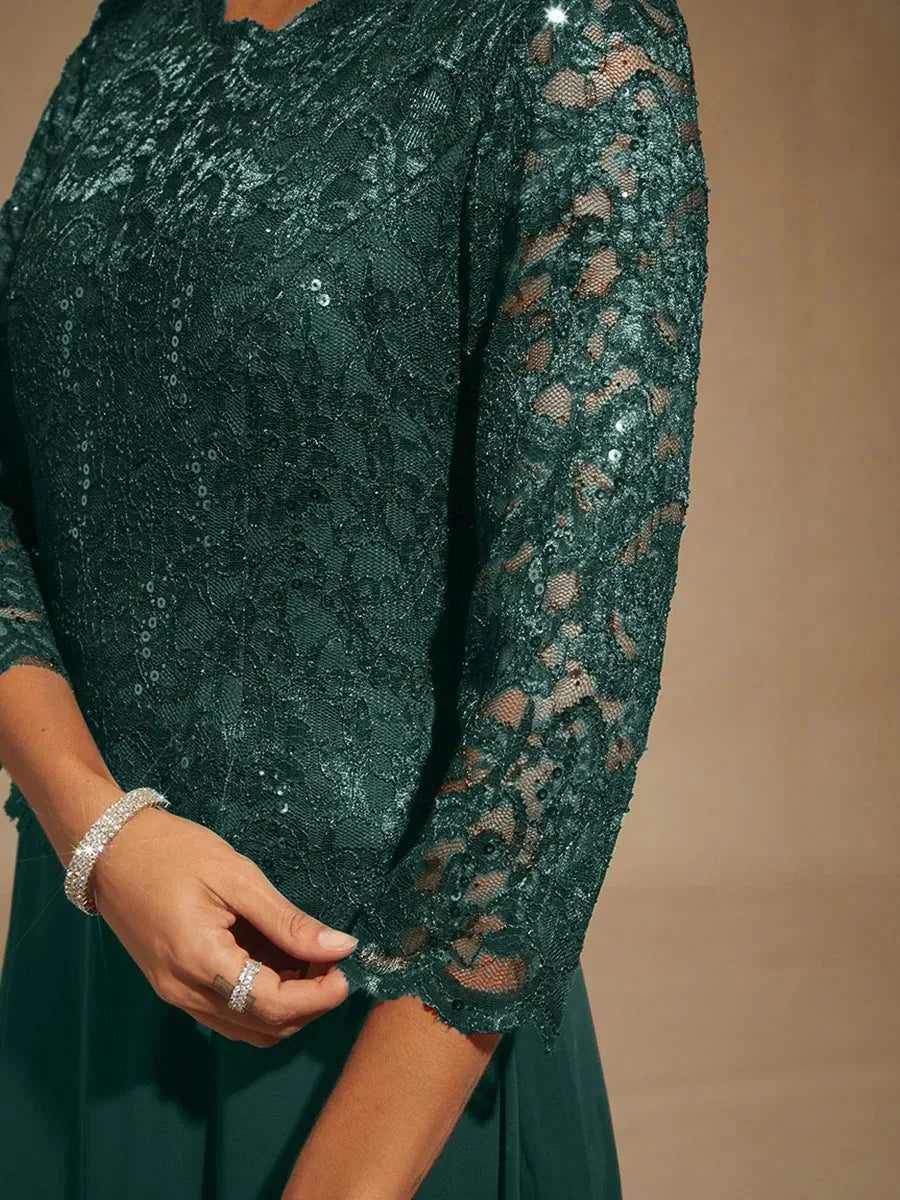 Elegante Kanten- en Chiffonjurk Tot op de Vloer