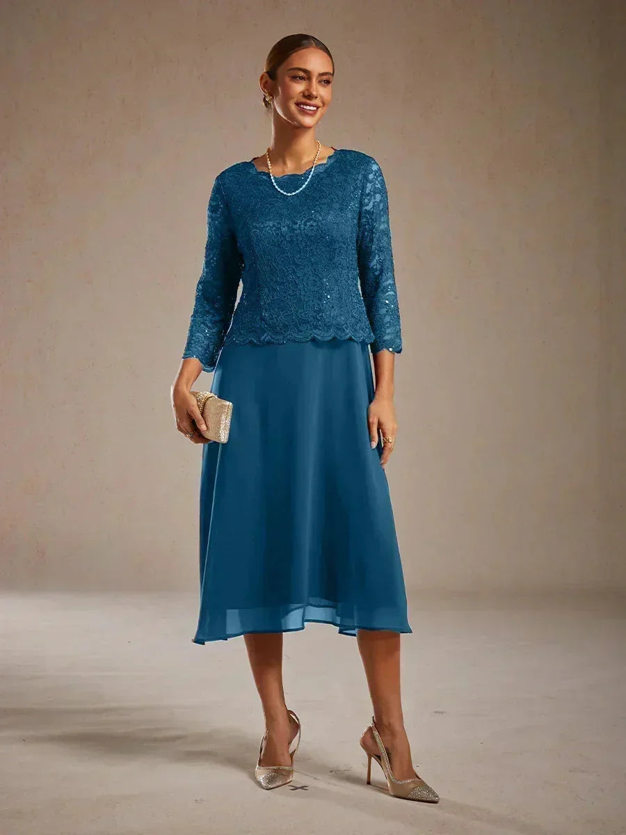 Elegante kanten- en chiffon theelange jurk