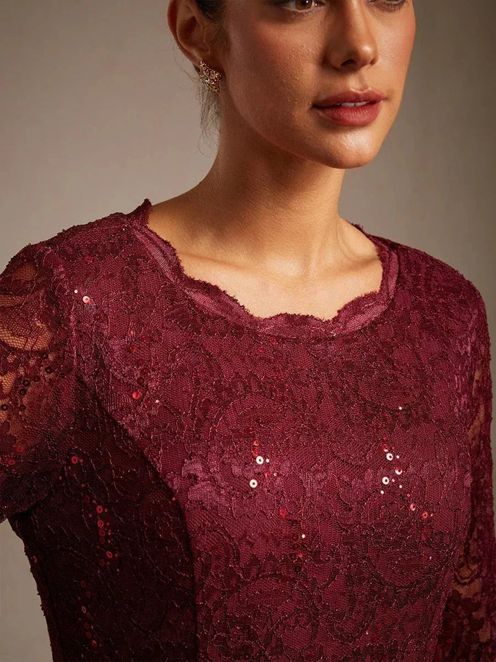 Elegante kanten- en chiffon theelange jurk