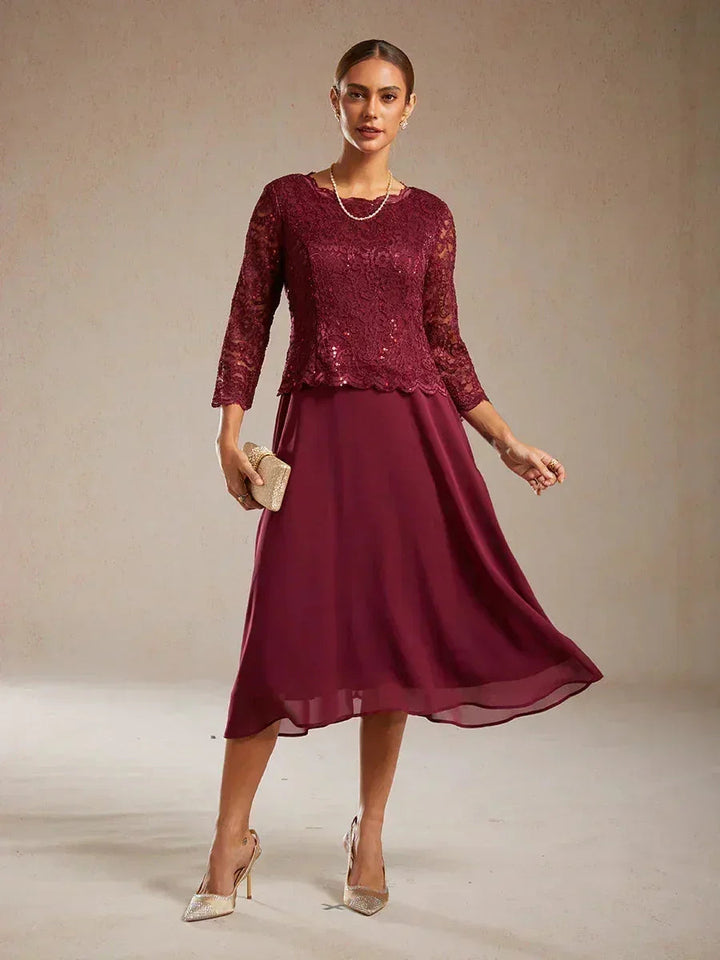 Elegante kanten- en chiffon theelange jurk