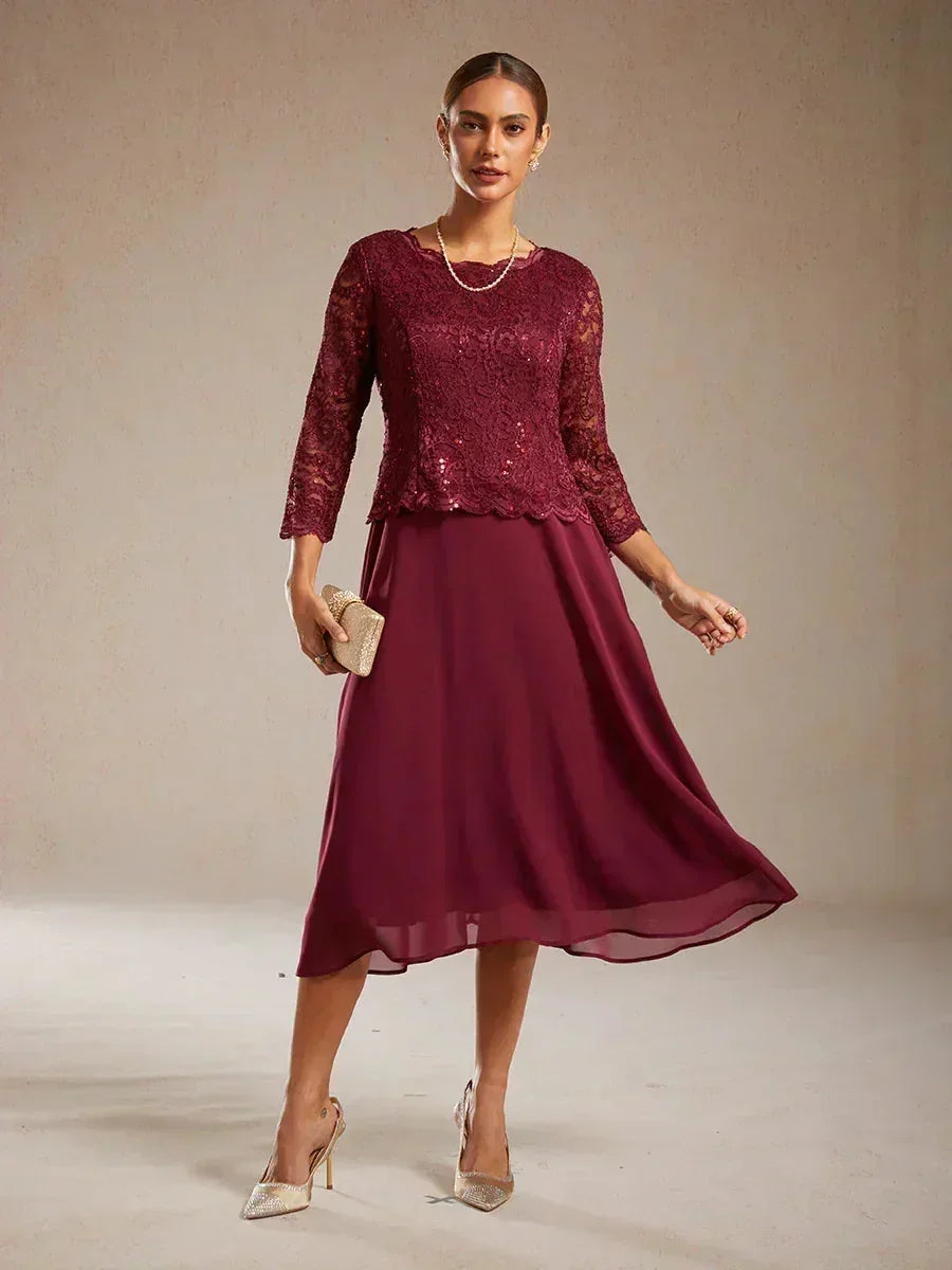 Elegante Kanten- en Chiffonjurk in Tea-lengte