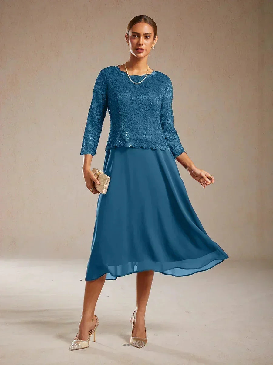 Elegante kanten- en chiffon theelange jurk