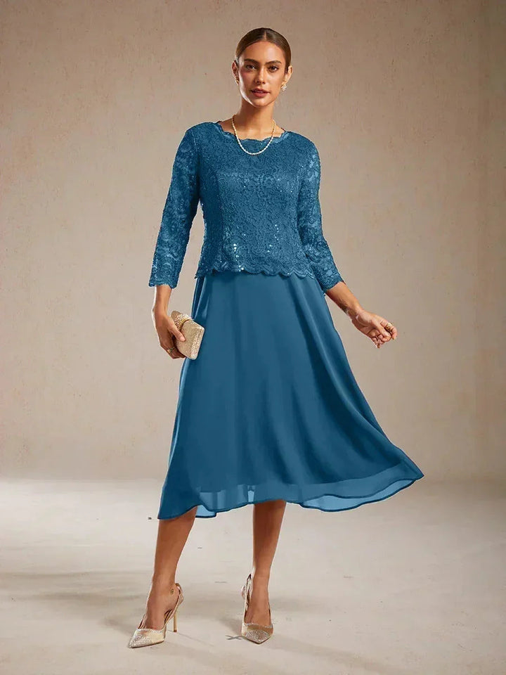 Elegante kanten- en chiffon theelange jurk