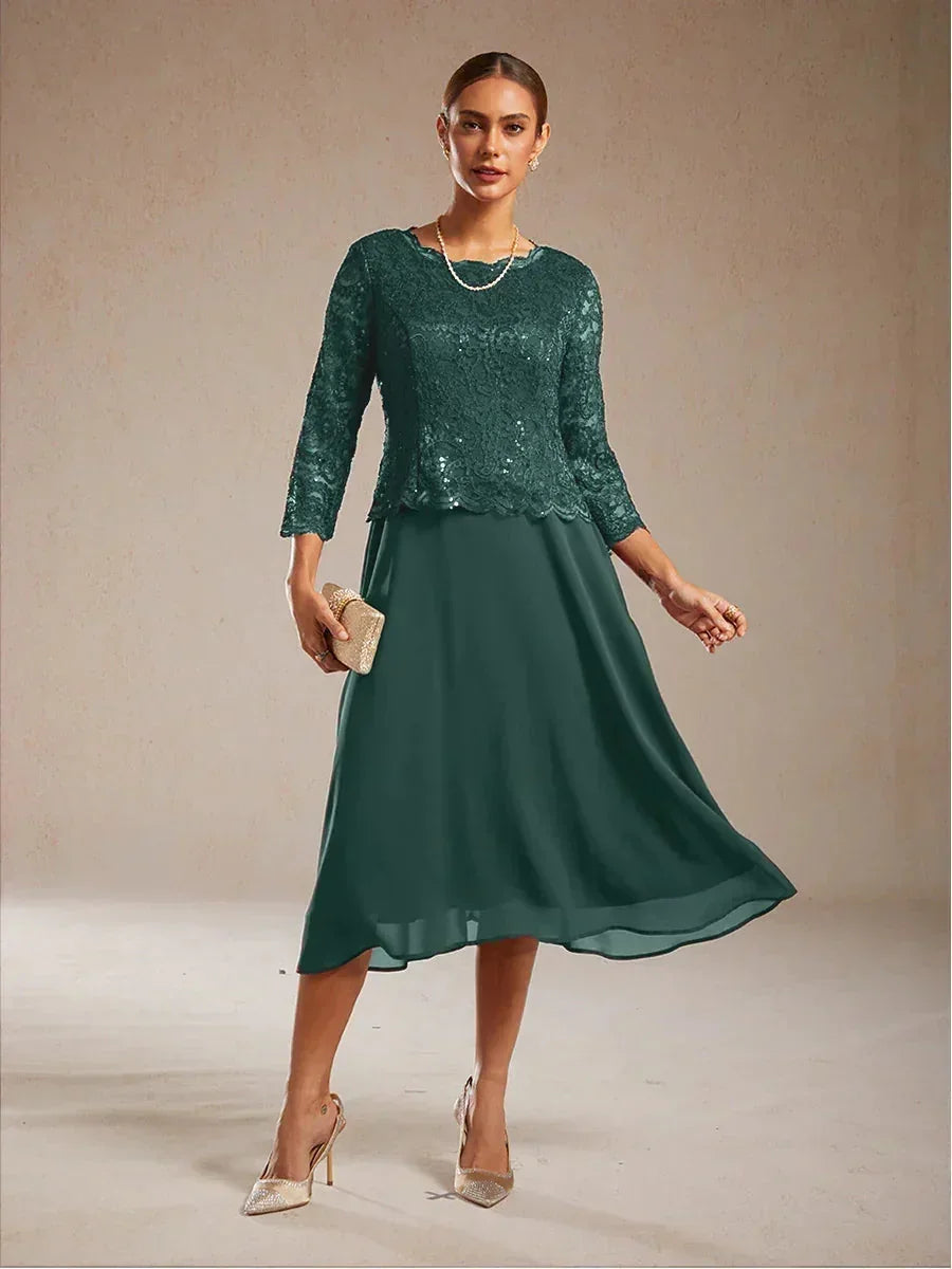 Elegante kanten- en chiffon theelange jurk