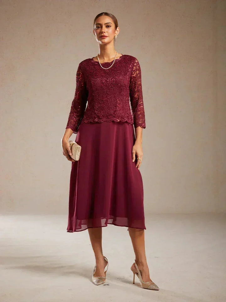 Elegante kanten- en chiffon theelange jurk