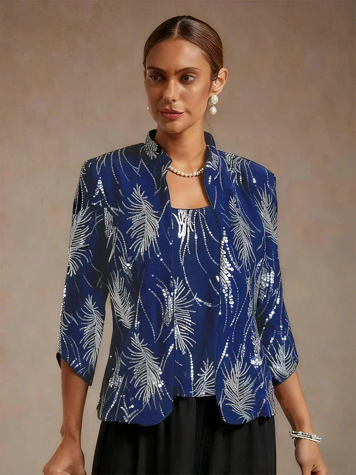 Elegant Pailletten-Twinset Met Mandarijnkraag