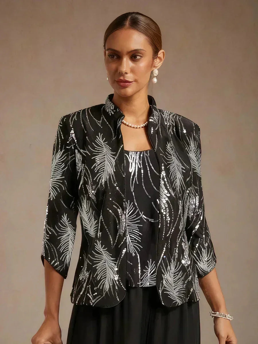 Elegant Twinset met Mandarijnkraag en Pailletten