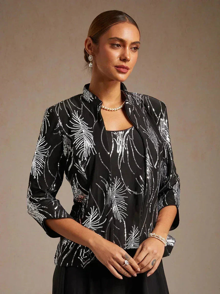 Elegant Mandarin Collar Twinset with Sequins
