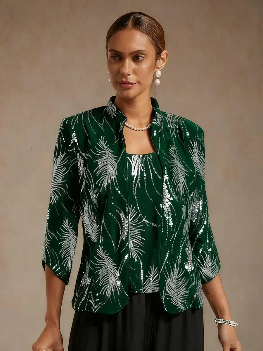 Elegant Twinset met Mandarijnkraag en Pailletten