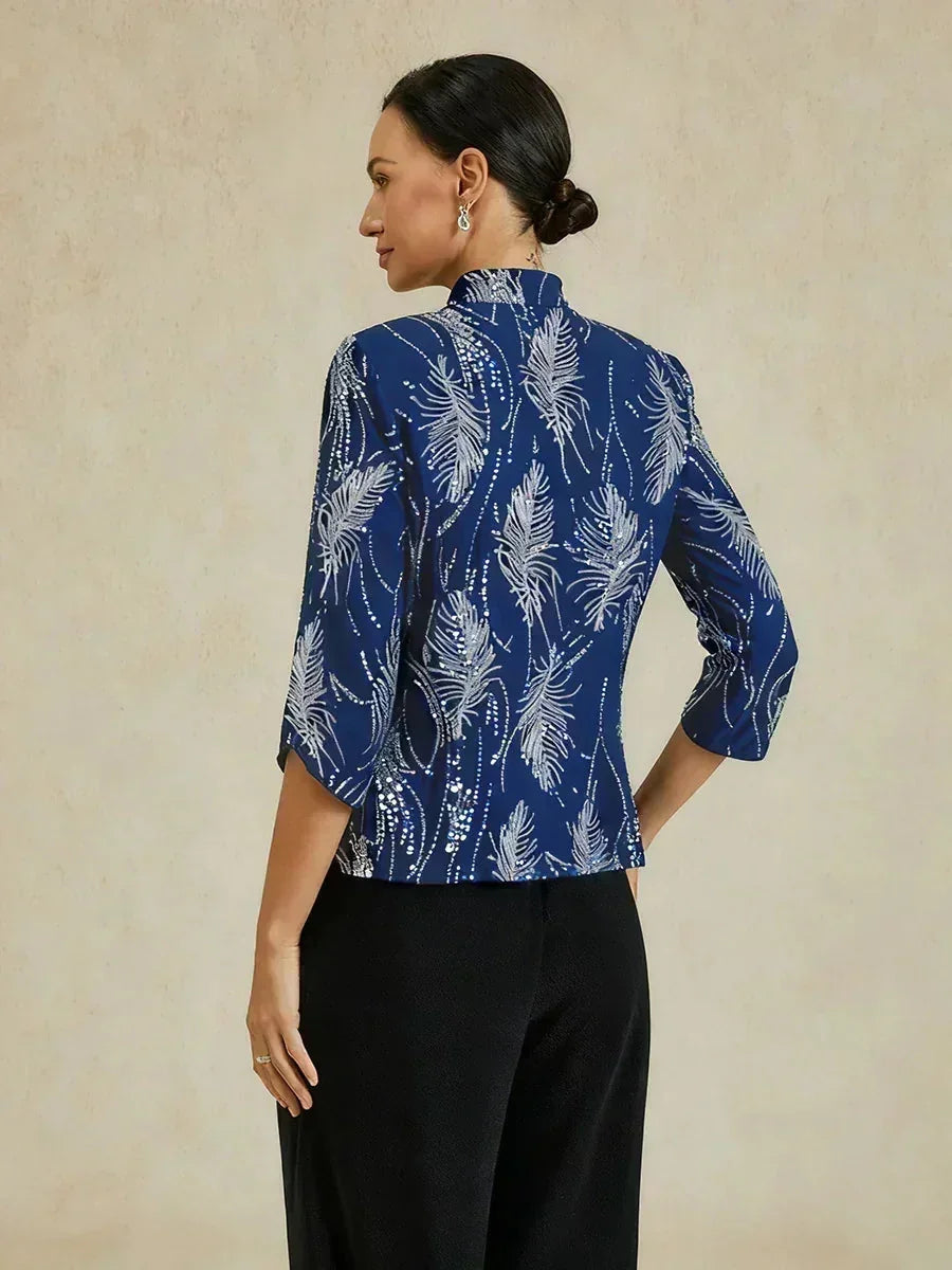 Elegant Pailletten-Twinset Met Mandarijnkraag